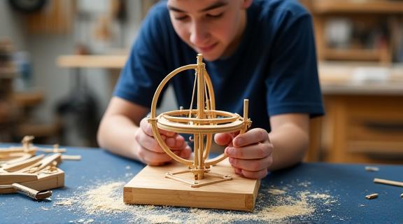 Uczestnik warsztatów składający drewniany model astrolabium